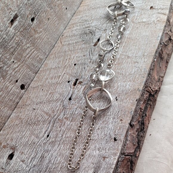 Long Silver Metal Necklace with Unique Links and Crystal Beads - Picture 4 of 5